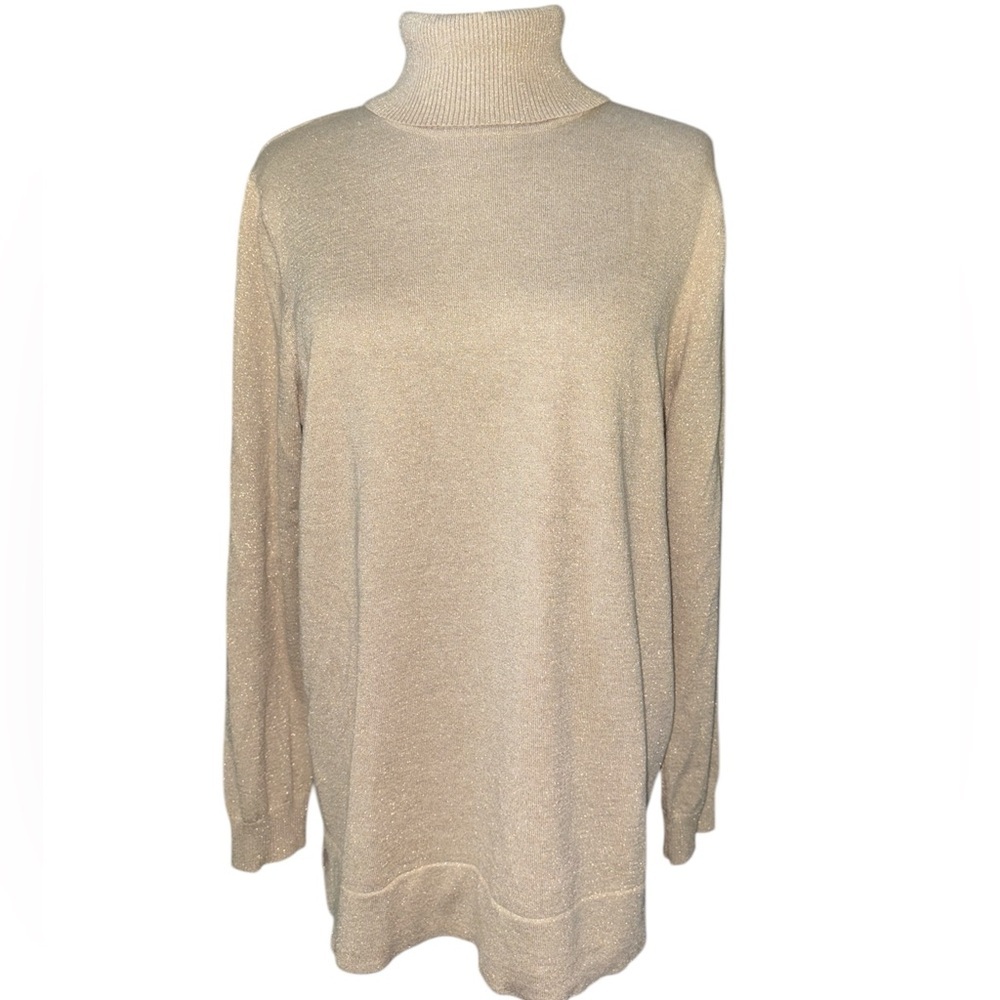 Calvin Klein sweater turtleneck long sleeves glittery gold side slits Size large